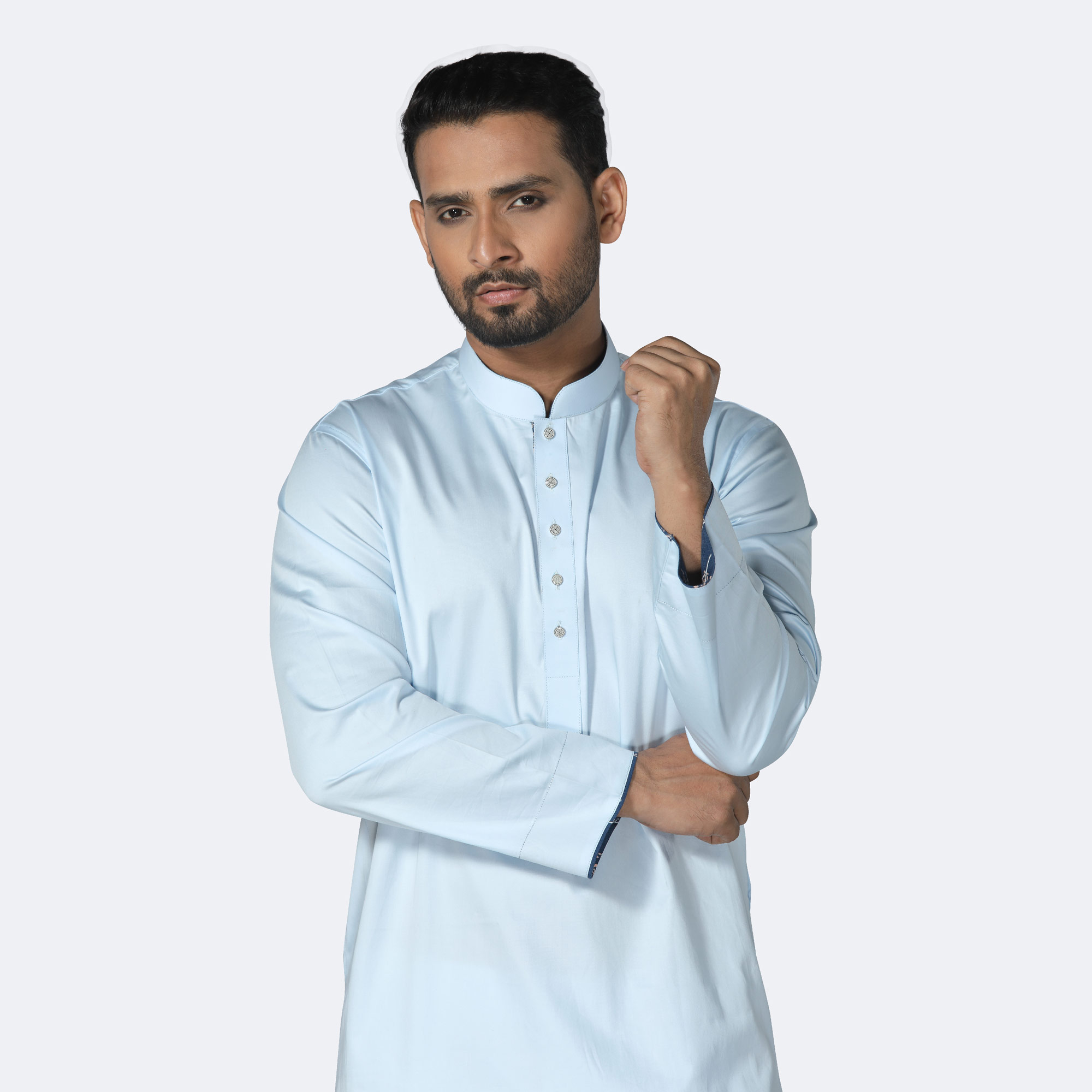 Men's Sky Blue Solid Color Panjabi with Tuning Cuff